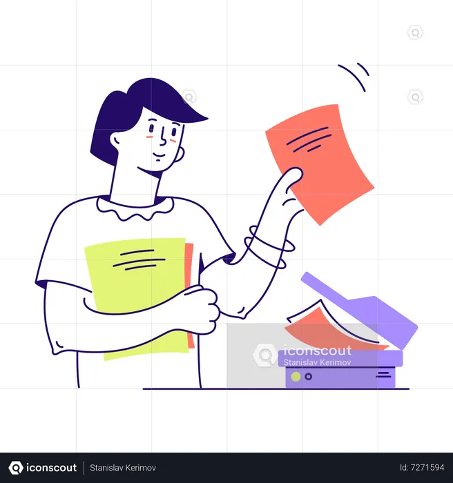 Woman makes copies of documents  Illustration