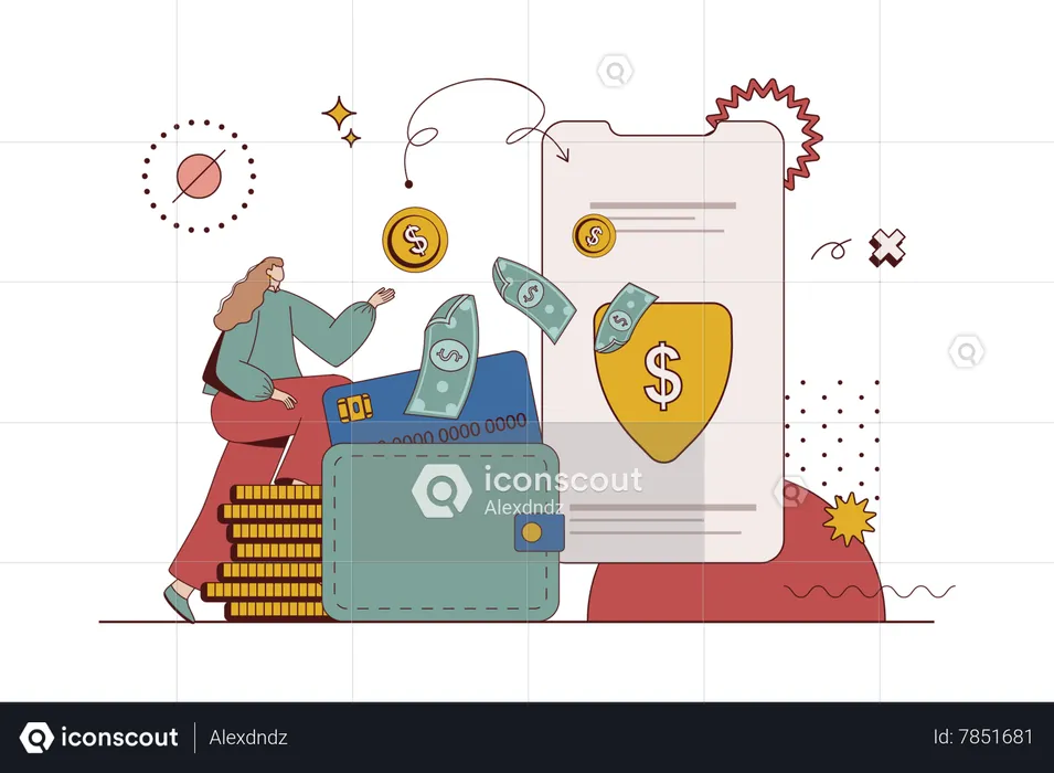 Woman makes financial transactions and manages account and digital wallet in application  Illustration