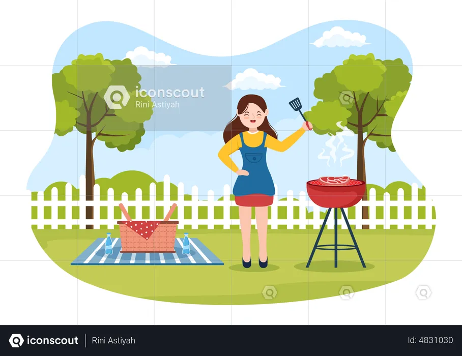 Woman making barbeque at backyard  Illustration