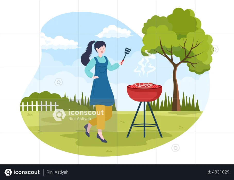 Woman making barbeque at park  Illustration