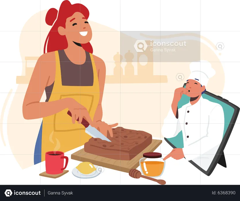 Woman making cake by watching online recipe  Illustration