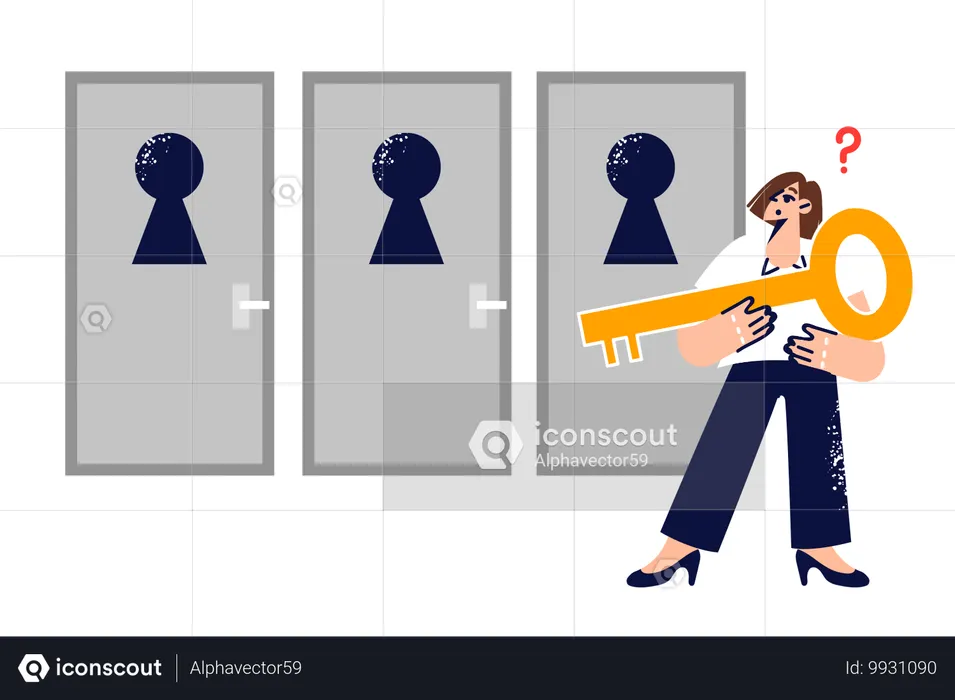 Woman making difficult decision on path to success and stands with key near three doors  Illustration