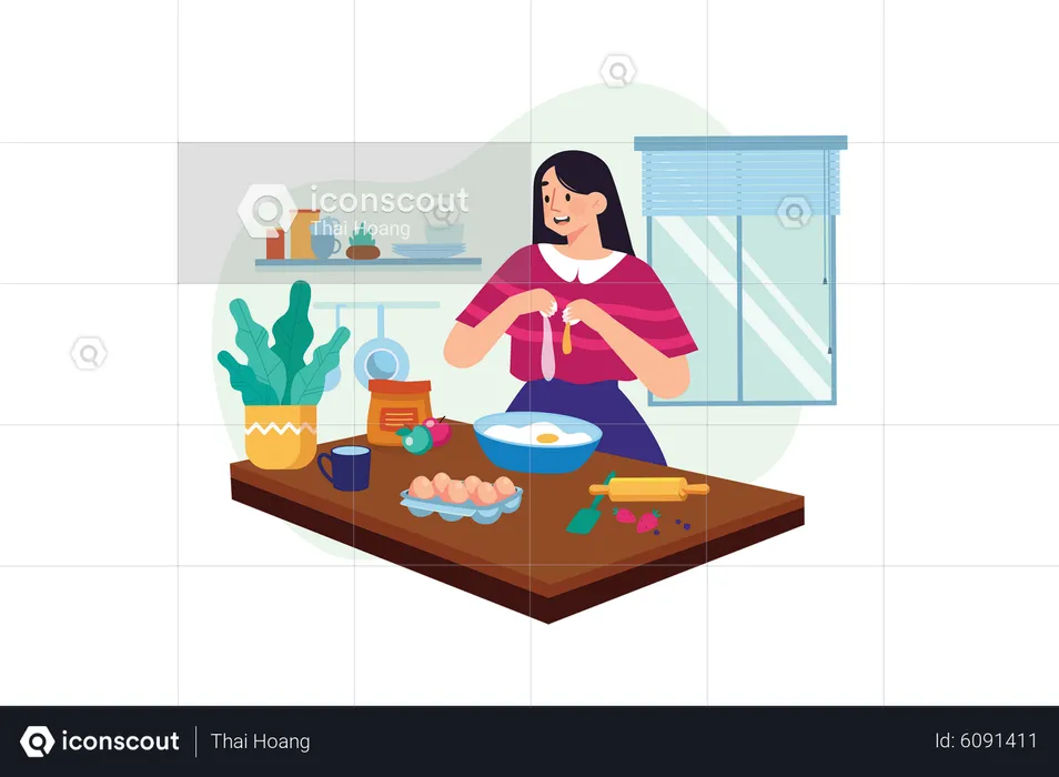 Woman making egg dish in Kitchen  Illustration