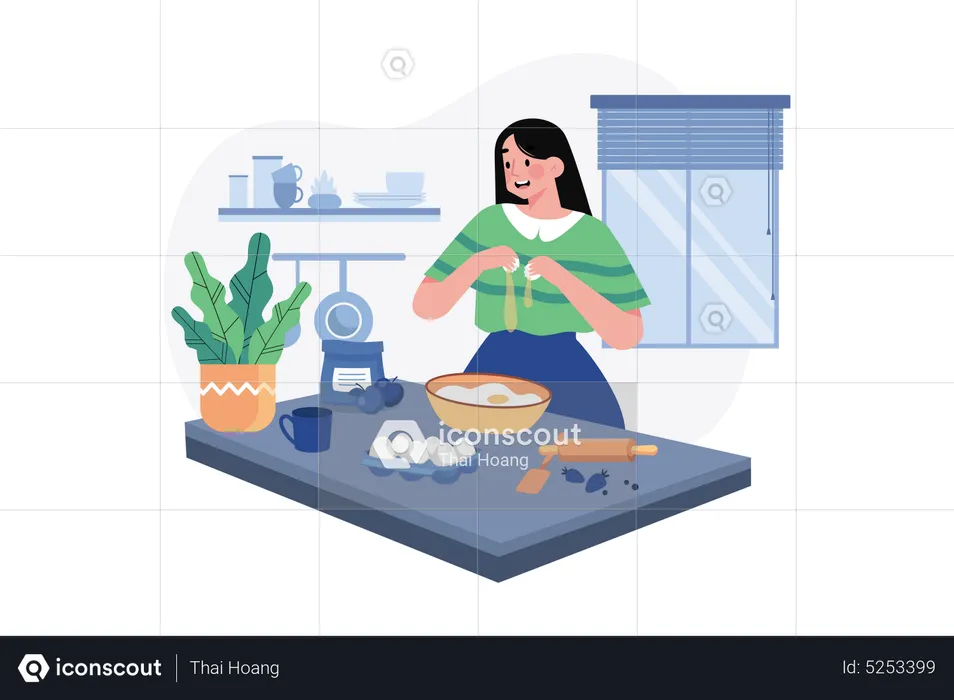 Woman making egg dish in Kitchen  Illustration