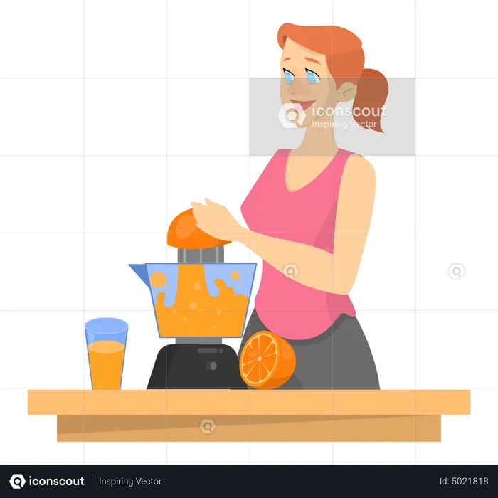 Woman making fresh orange juice  Illustration