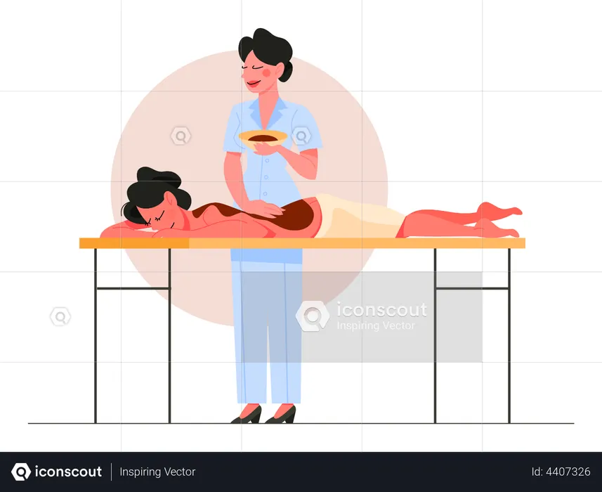 Woman making massage with chocolate for a client  Illustration