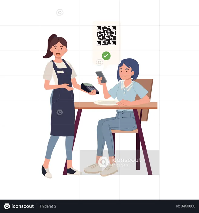 Woman making payment by mobile phone at restaurant  Illustration