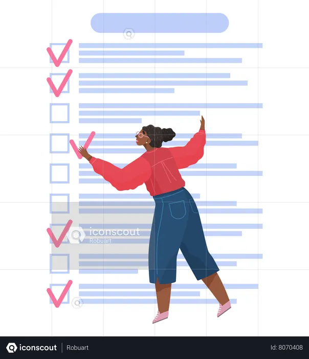 Woman making tick mark in task list  Illustration