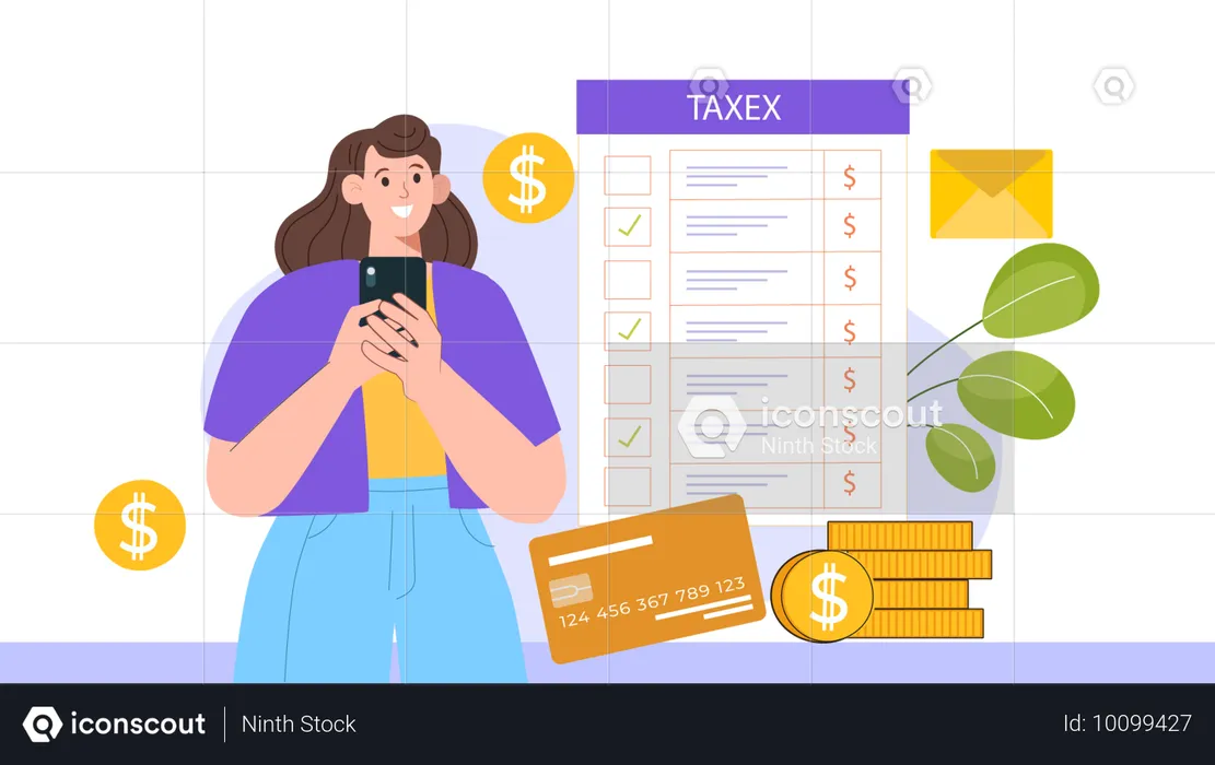 Woman manage tax using mobile app  Illustration