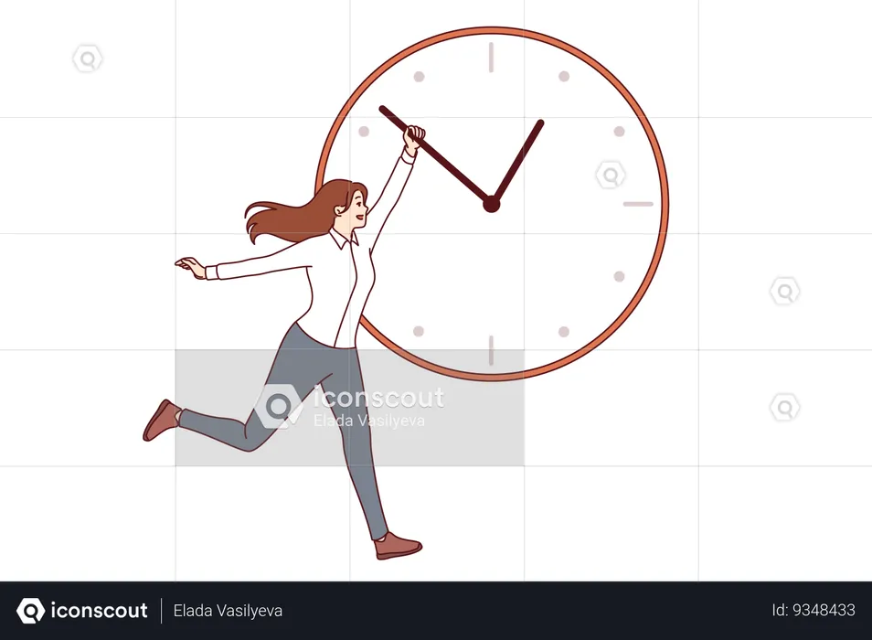 Woman manager is trying to be productive holding back hand of big clock to get work done on time  Illustration