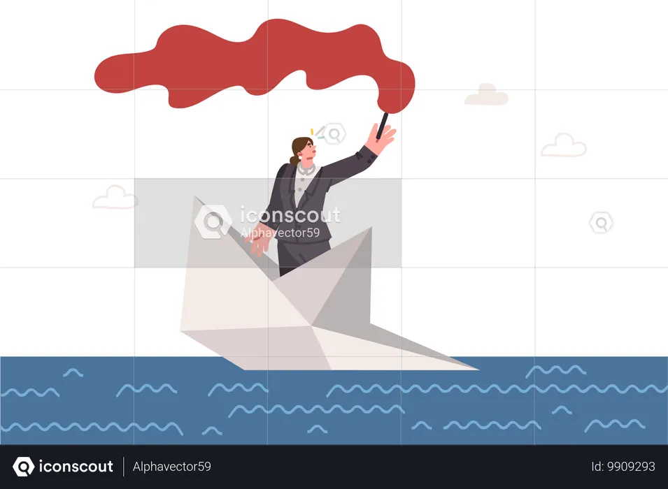 Woman manager sends SOS signal and located on sinking paper ship  Illustration