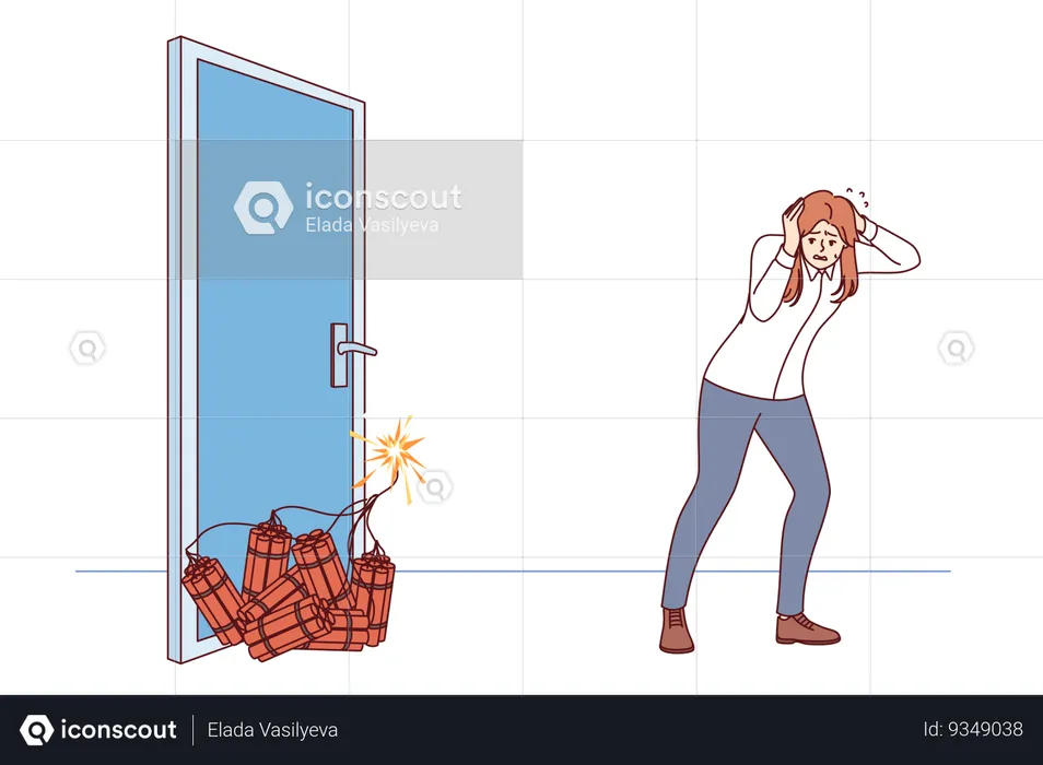 Woman manager sets off explosion to open door covers ears with hands while standing near dynamite  Illustration