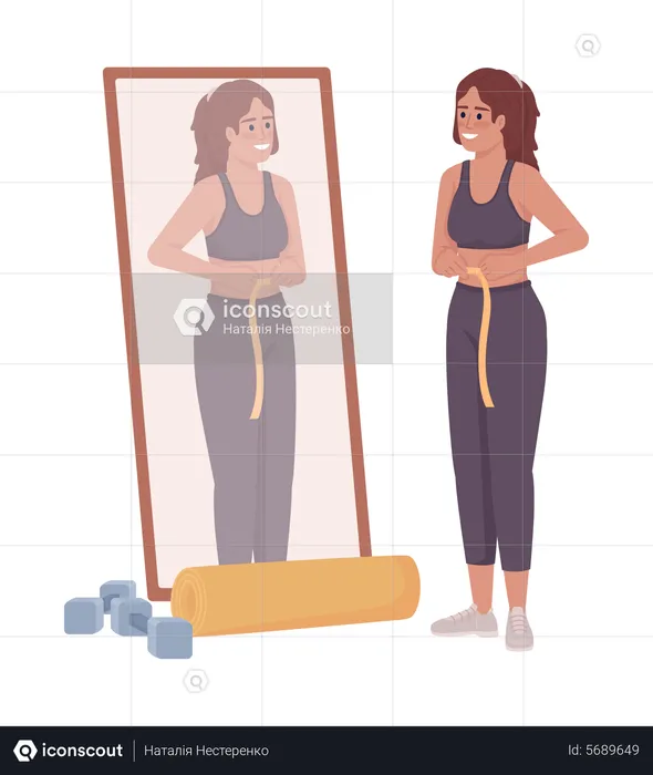 Woman measuring waist near mirror  Illustration