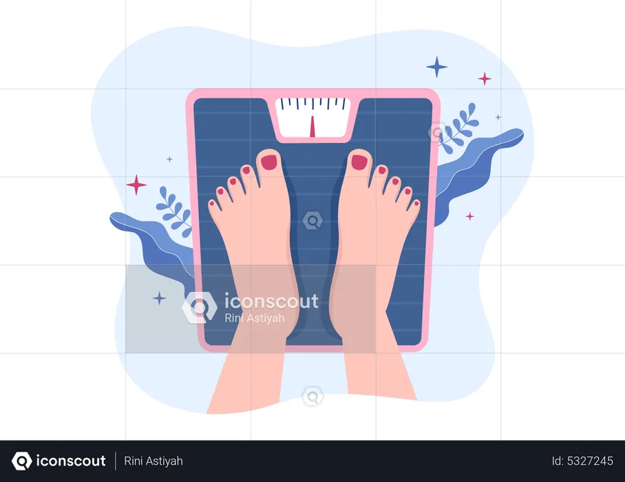 Woman measuring weight on scale  Illustration