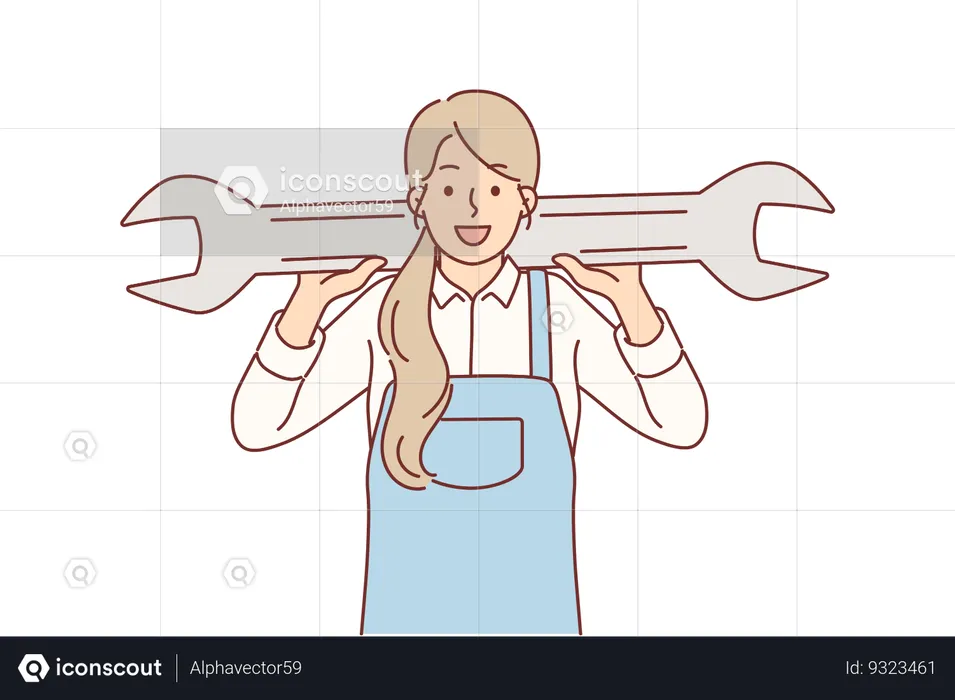 Woman mechanic holds giant wrench providing services to repair car after engine breakdown  Illustration