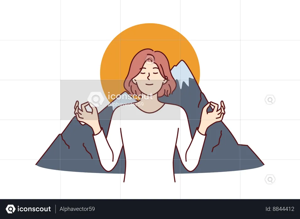 Woman meditates in lotus position and practices zen breathing standing near mountains and sunset  Illustration