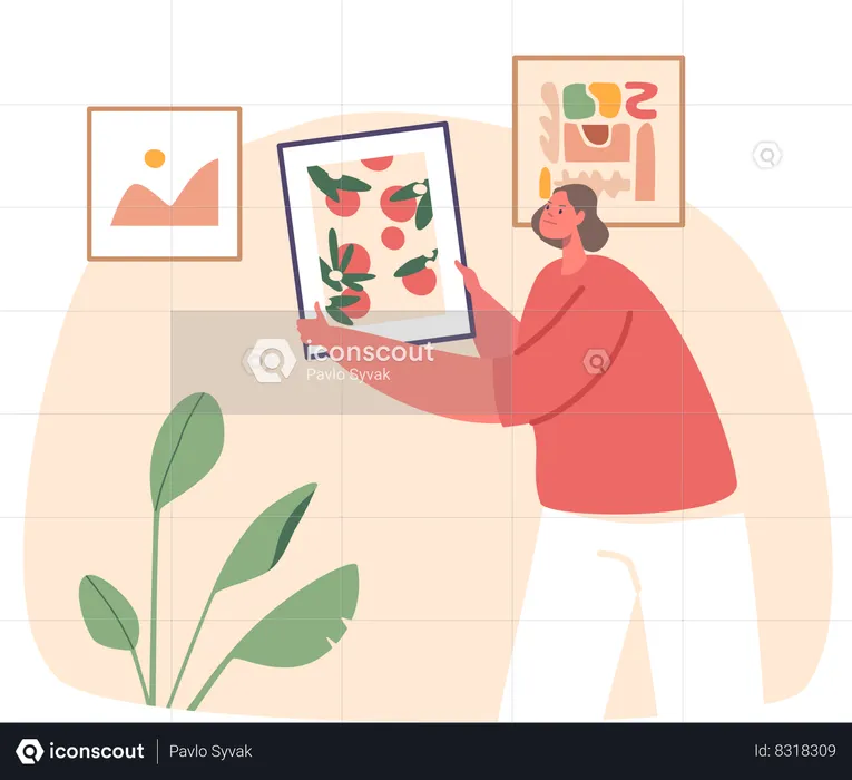 Woman Meticulously Hangs Picture On Wall  Illustration
