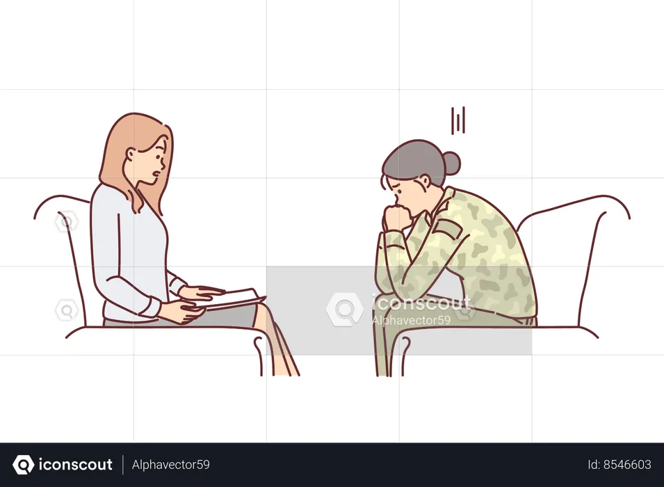 Woman military soldier with psychologist helping to get rid psychological problems received in army  Illustration