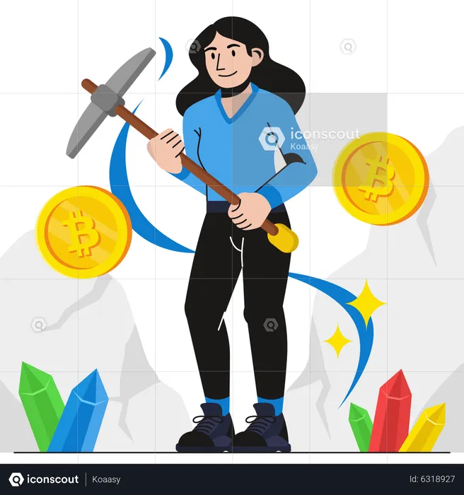Woman mining bitcoin  Illustration