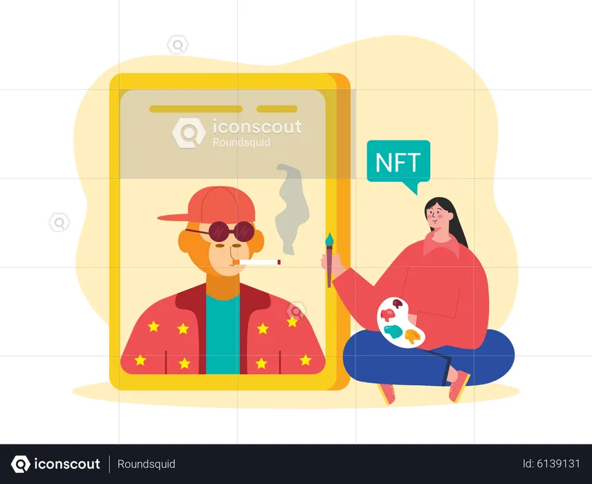 Woman minting NFT on mobile NFT marketplace  Illustration