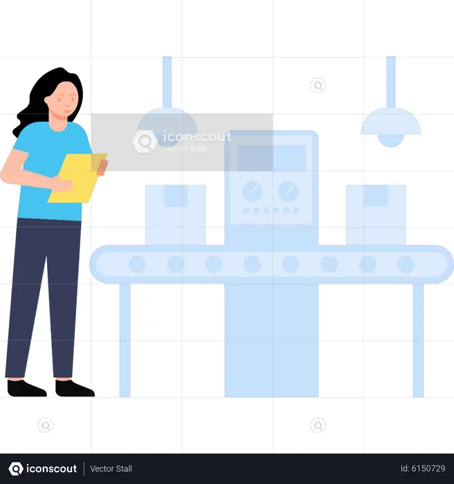 Woman monitoring packages on conveyor belt  Illustration