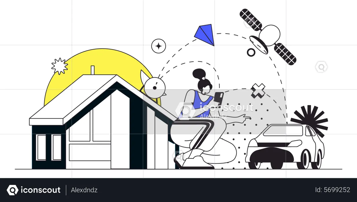 Woman monitors smart home sensors and control car remotely  Illustration