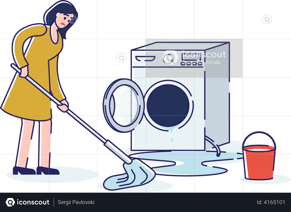 Woman mopping water on the floor due to washing machine breakage  Illustration