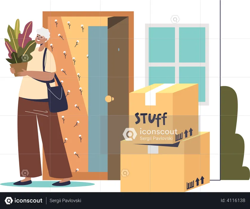 Woman moving to new house stand in corridor of home with cardboard boxes holding plant  Illustration