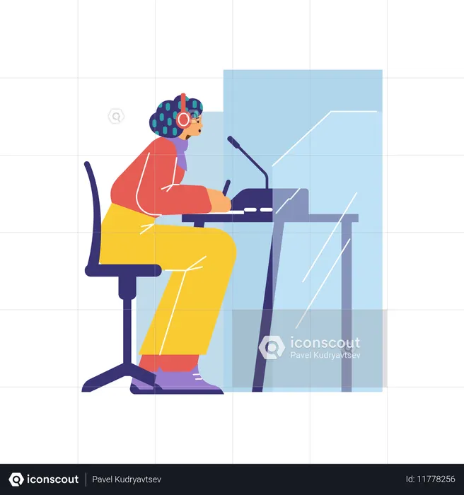 Woman multi language translator in microphone help understanding and interpreting  Illustration