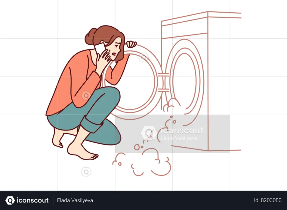 Woman near broken washing machine calls repairman  Illustration