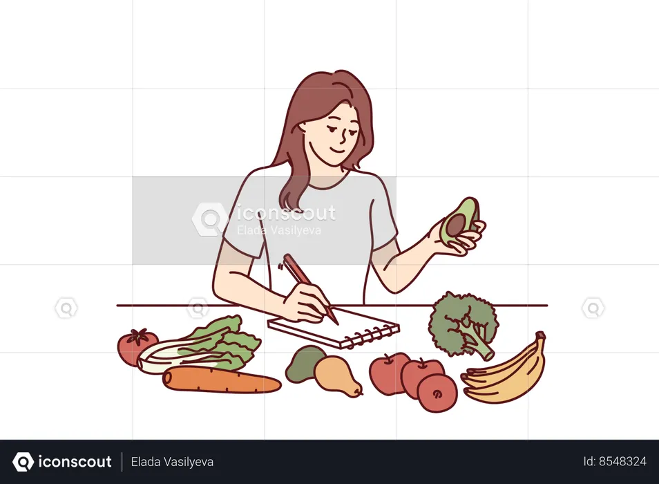 Woman near table with vegetables makes notes counting calories  Illustration