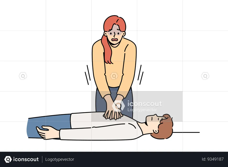 Woman nervous giving heart massage to man who has fainted and pressing on chest muscles  Illustration