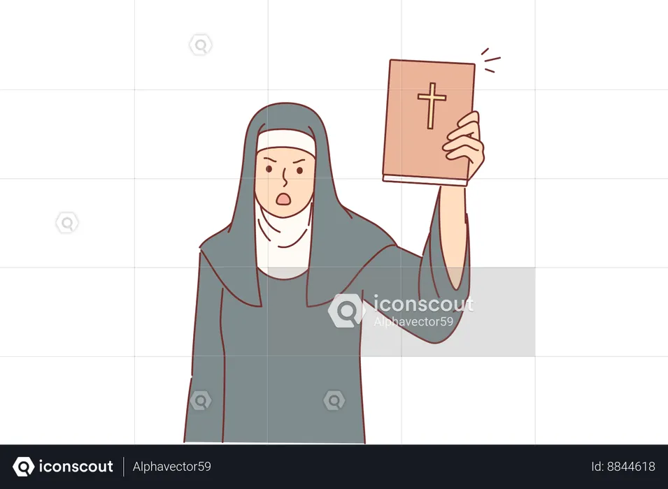 Woman nun from church shows holy bible in shock and swears because of violations of rules of conduct  Illustration