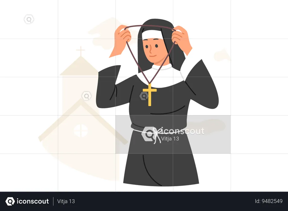 Woman nun in religious cassock wears chain with christian cross while going to worship in church  Illustration
