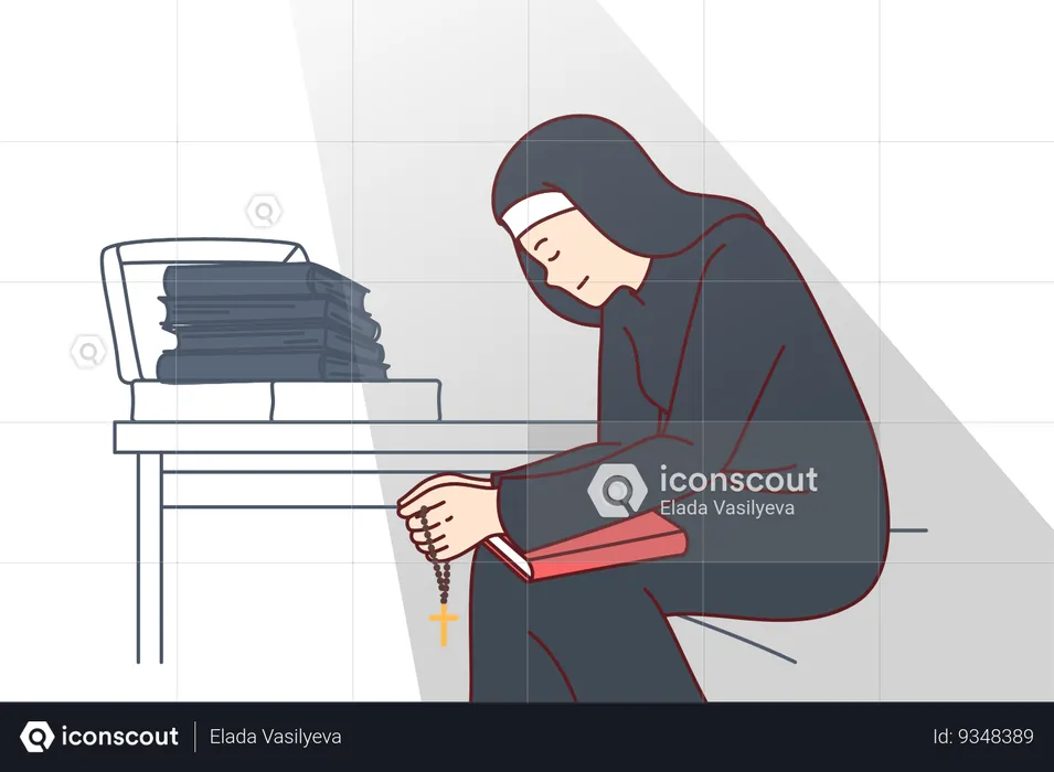 Woman nun sits with head bowed and holds religious crucifix and book of prayers  Illustration