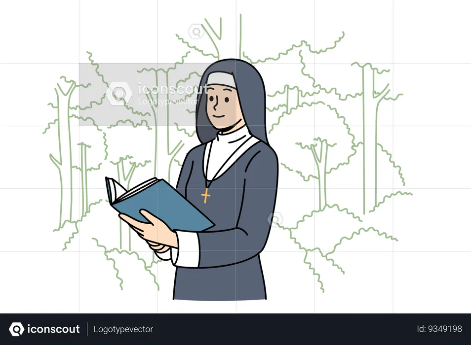 Woman nun with holy book stands in park and dressed in cassock for religious service in temple  Illustration