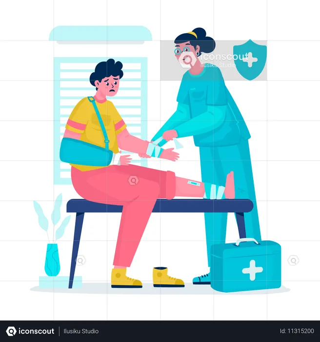 Woman Nurse bandages injured patient  Illustration