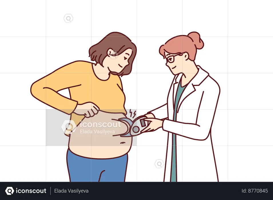 Woman nutritionist measures size of fat layer  Illustration