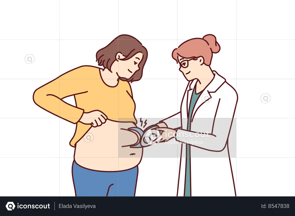 Woman nutritionist measures size of fat layer in overweight patient to give recommendations  Illustration