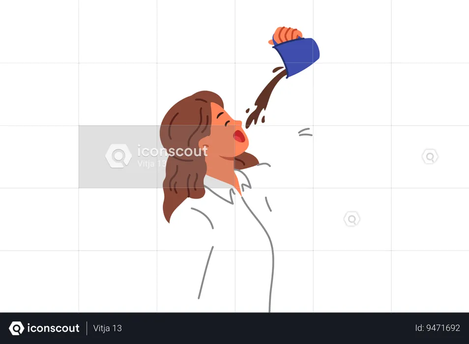 Woman office clerk drinks lot of coffee to gain energy and do enough work to get new position  Illustration