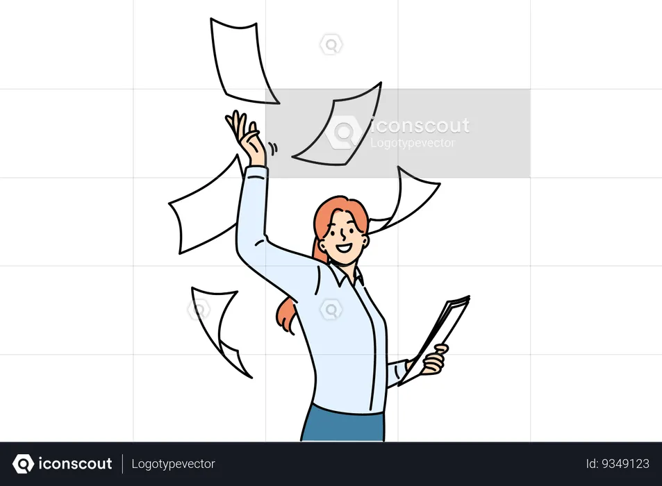 Woman office clerk throws documents up and rejoicing of digitalization and reduction of paperwork  Illustration