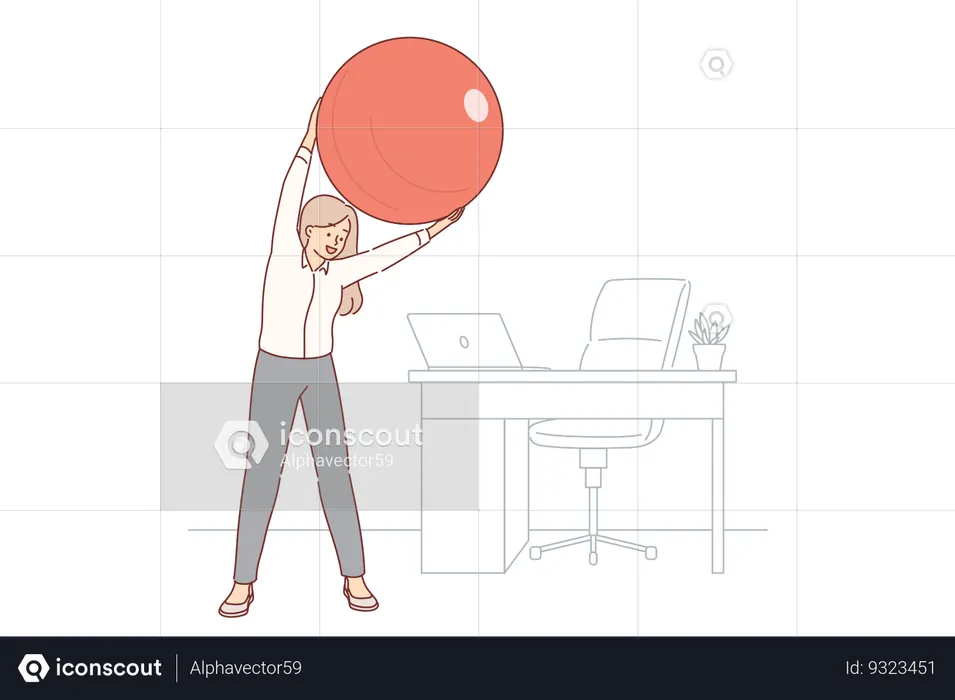 Woman office manager does gymnastics at workplace uses pilates ball to stretch spine  Illustration