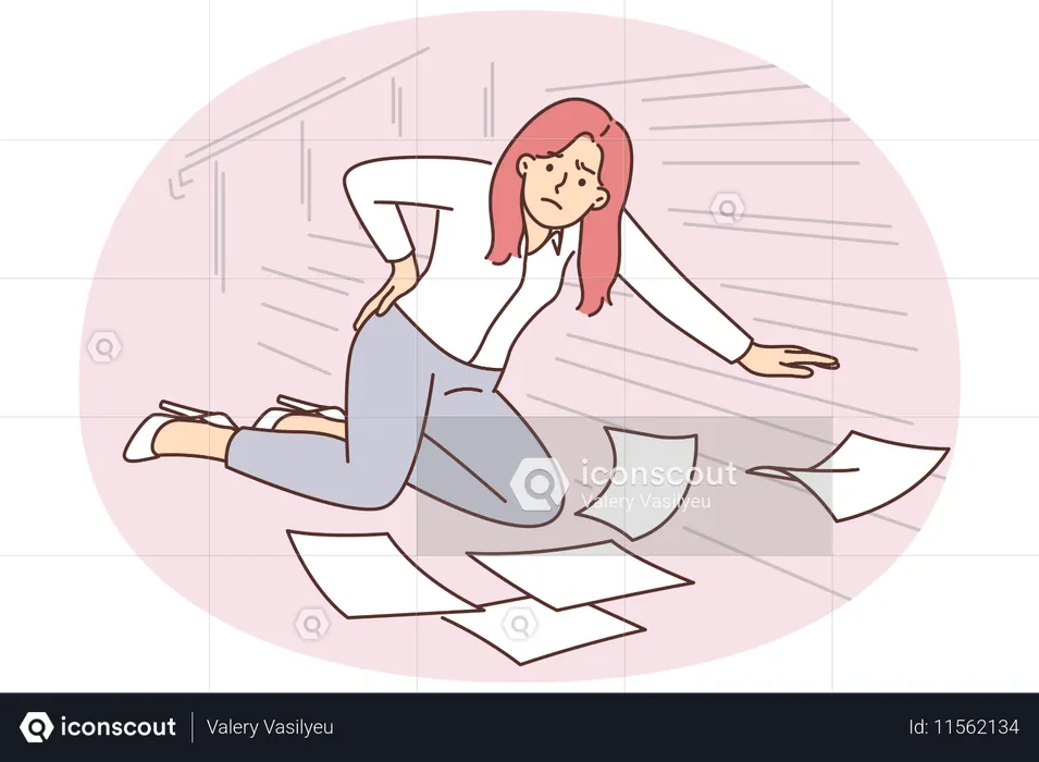 Woman office worker fell down stairs and injured back dropping papers and documents on floor  Illustration