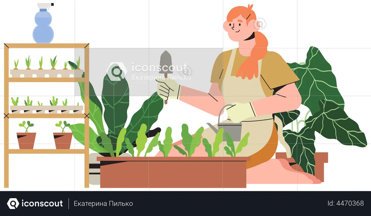 Woman on balcony growing plants  Illustration