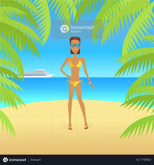 Woman on Beach with Sand and Palm  Illustration