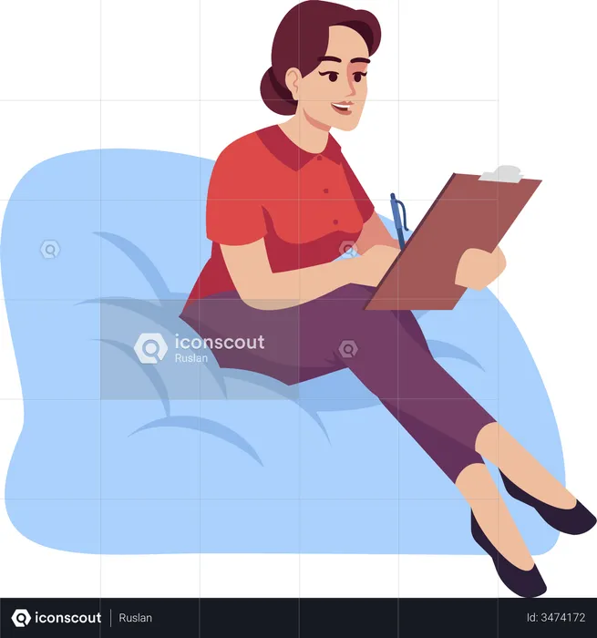 Woman on bean bag writing on clipboard  Illustration