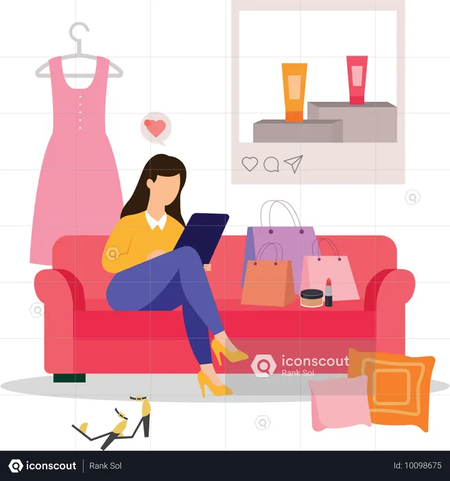 Woman on couch doing online shopping  Illustration