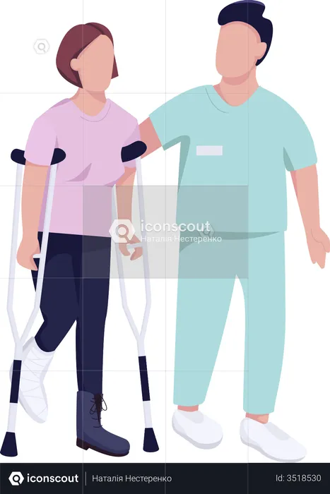 Woman on crutches and doctor  Illustration