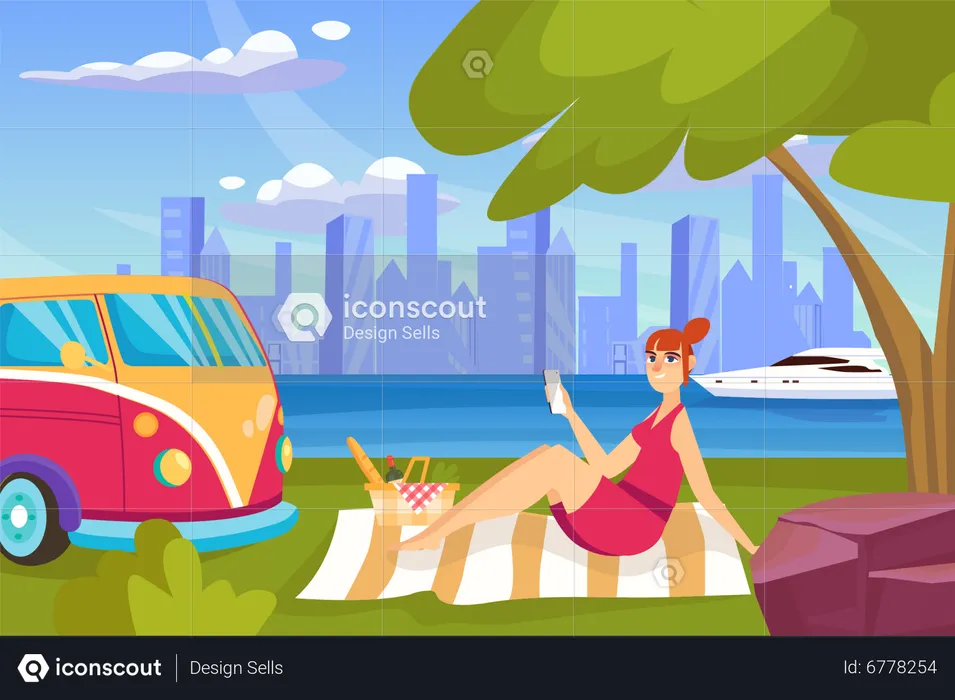 Woman on outdoor picnic  Illustration