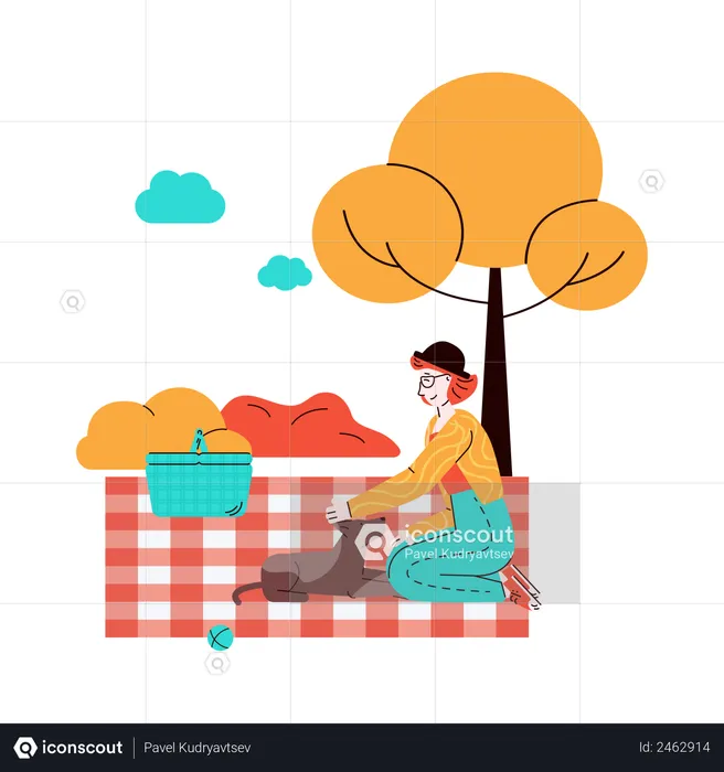 Woman on picnic with pet dog  Illustration